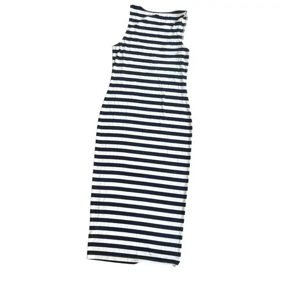 L’AGENCE Ivanna Black White Stripe Rib Knit Midi Dress Medium Euro Summer - Picture 2 of 9